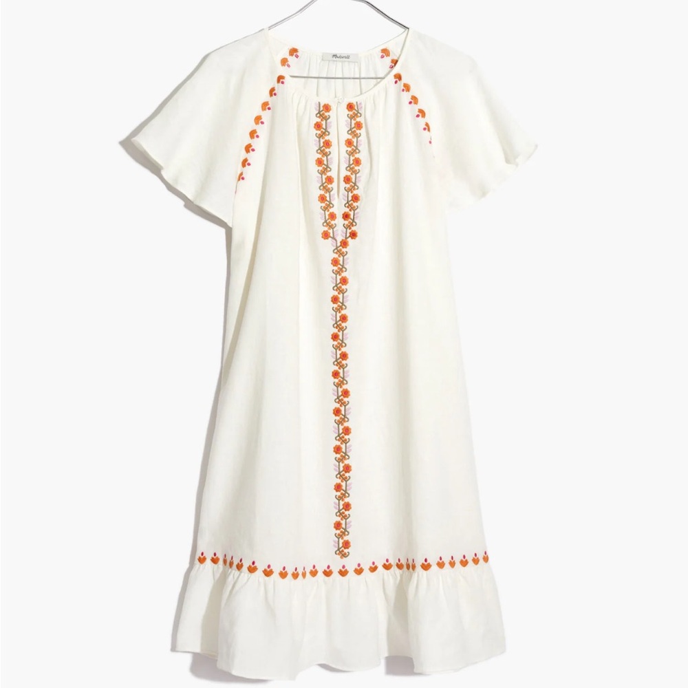 Madewell Embroidered Linen-Blend Raglan Ruffle Mini Dress XS